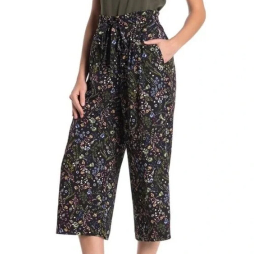 DR2 Daniel Rainn Black Delicate Floral Drawstring Wide Leg Pull On Trousers Pant